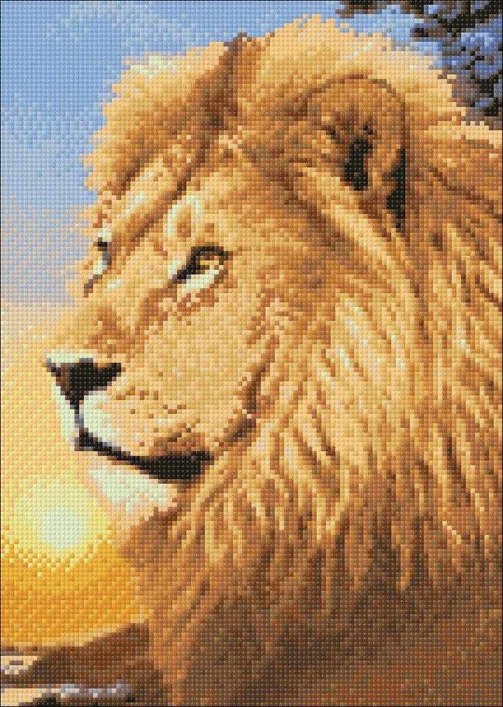 Lion King WD070 Diamond Painting Kit with colorful square acrylic diamonds and tools on a self-adhesive canvas.